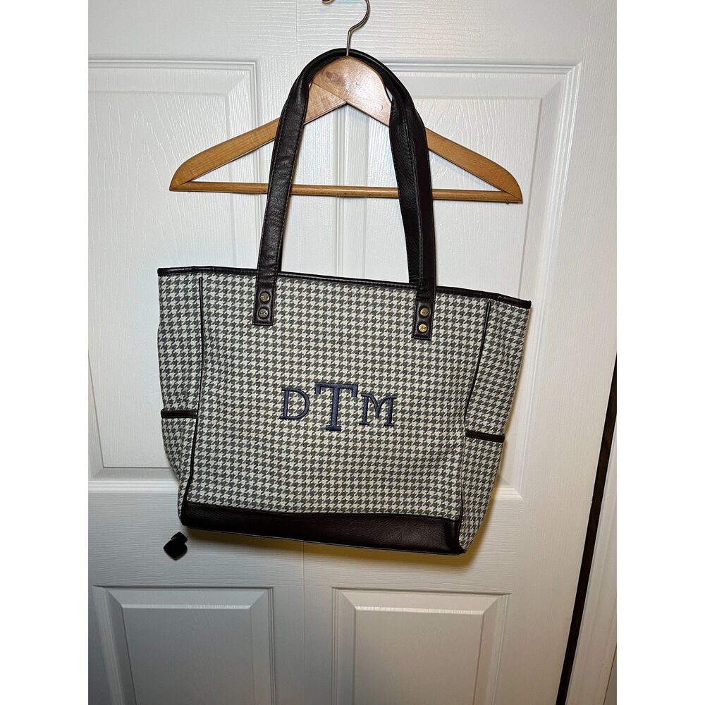 Thirty-One Houndstooth Tote Bag Monogram DTM Gray Black Large Shoulder Bag